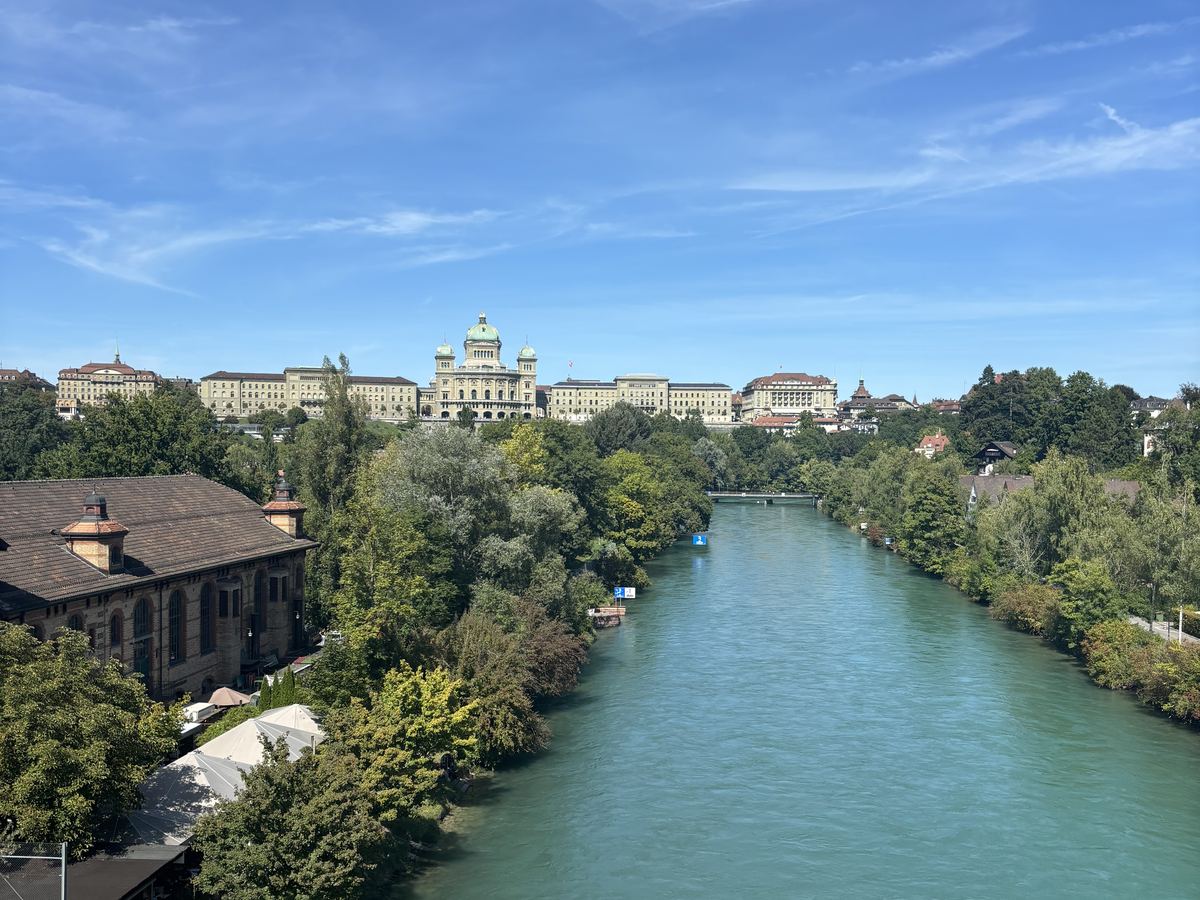 The river Aare in Bern under a blue sky